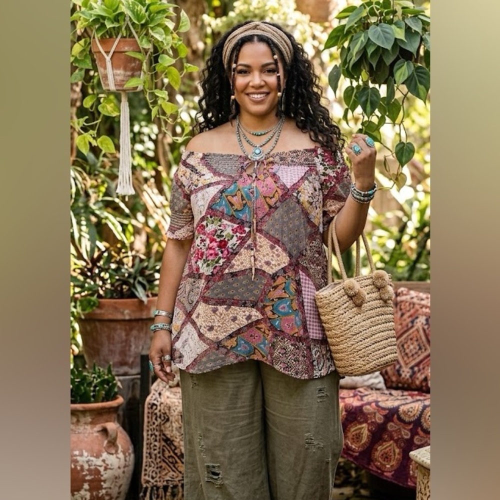 Passport Plus Size Boho Chiffon Off The Shoulder Floral Paisley Blouse